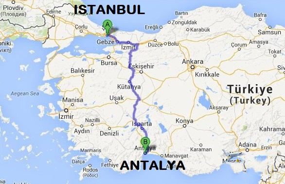 كم تبعد انطاليا عن اسطنبول.